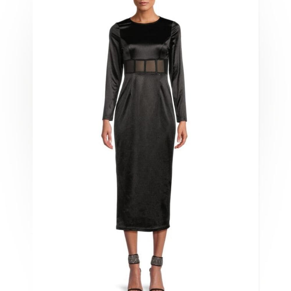 NWT AREA STARS Satin Sheath Midi Dress Long Sleeves Cut Out Sheer‎ Black Medium